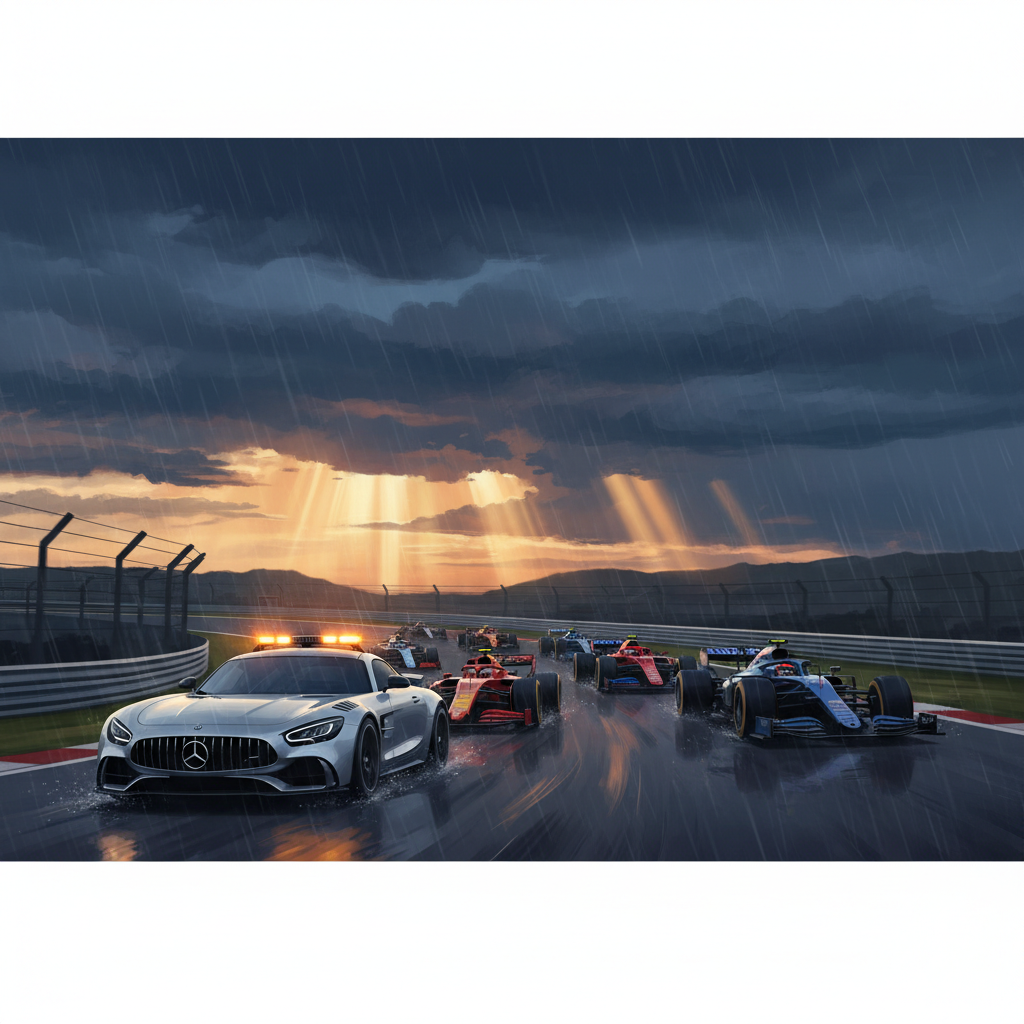 dramatic F1 safety car leading a pack of F1 cars through Suzuka circuit at high speed, evening light, rain clouds in background, photorealistic digital art with motion blur