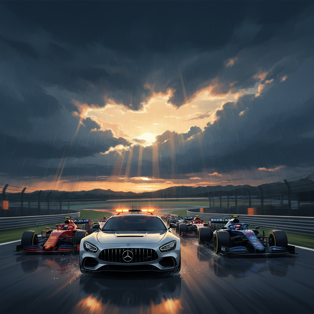 dramatic F1 safety car leading a pack of F1 cars through Suzuka circuit at high speed, evening light, rain clouds in background, photorealistic digital art with motion blur