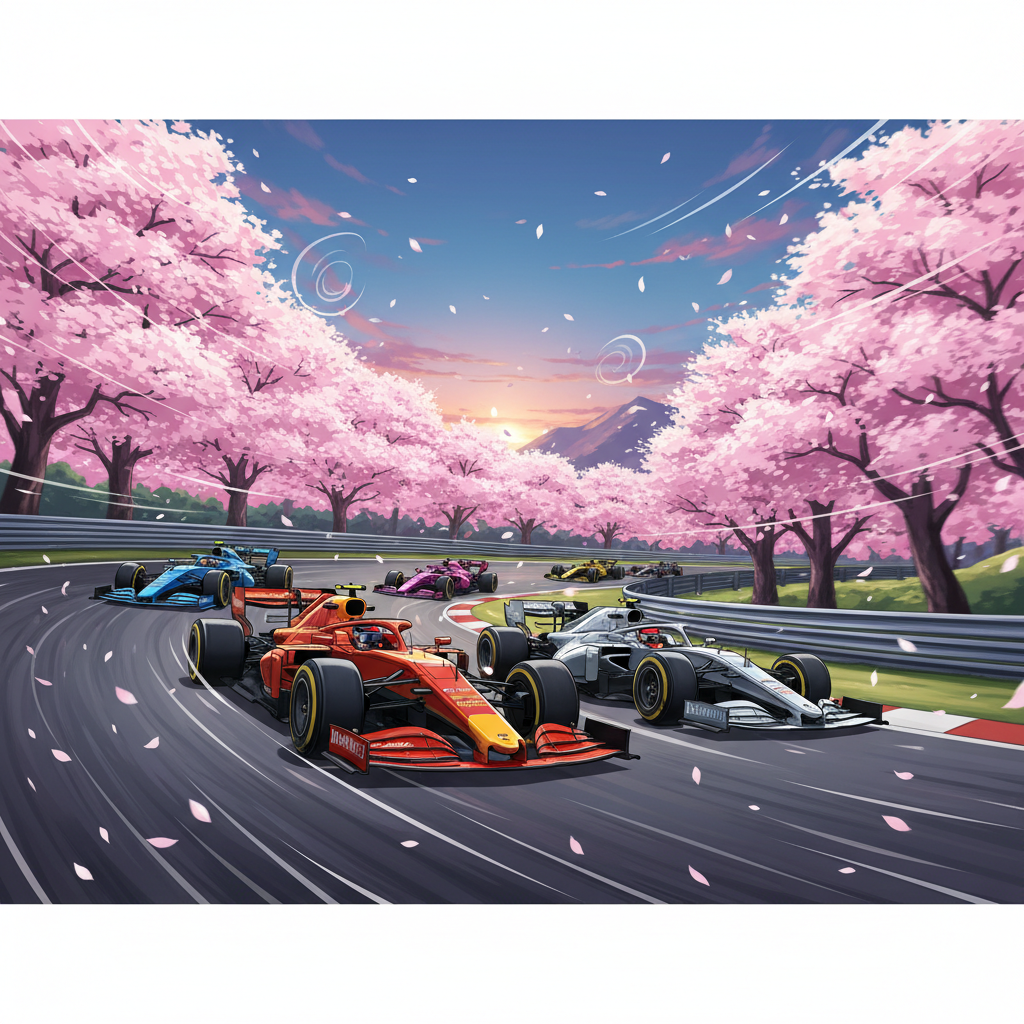 dramatic low angle illustration of F1 cars racing through Suzuka S-curves with cherry blossom trees in background, speed lines, vibrant colors, anime-inspired digital art style