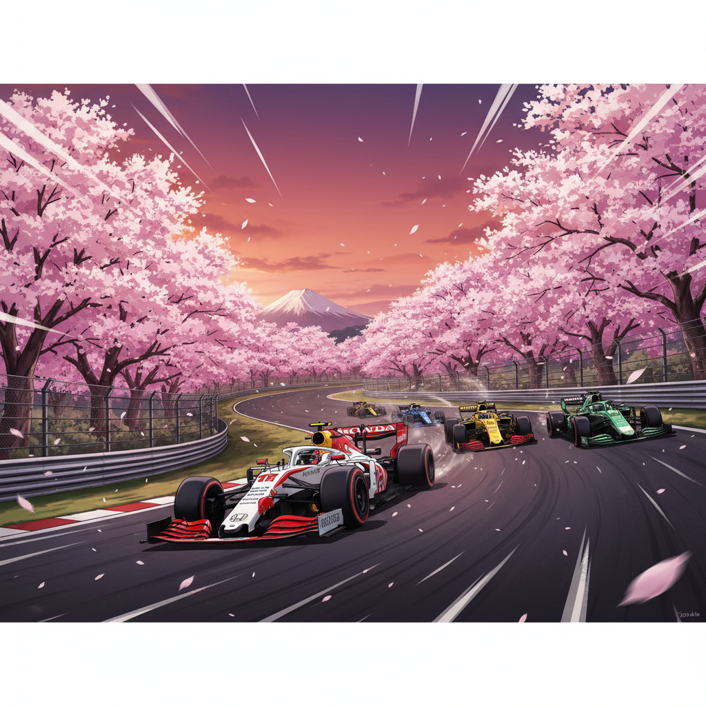 dramatic low angle illustration of F1 cars racing through Suzuka S-curves with cherry blossom trees in background, speed lines, vibrant colors, anime-inspired digital art style