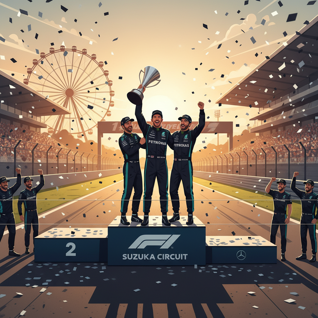 dramatic wide angle photo of F1 podium celebration at Suzuka Circuit, confetti falling, Mercedes team celebrating, golden hour sunlight, cinematic composition, photorealistic