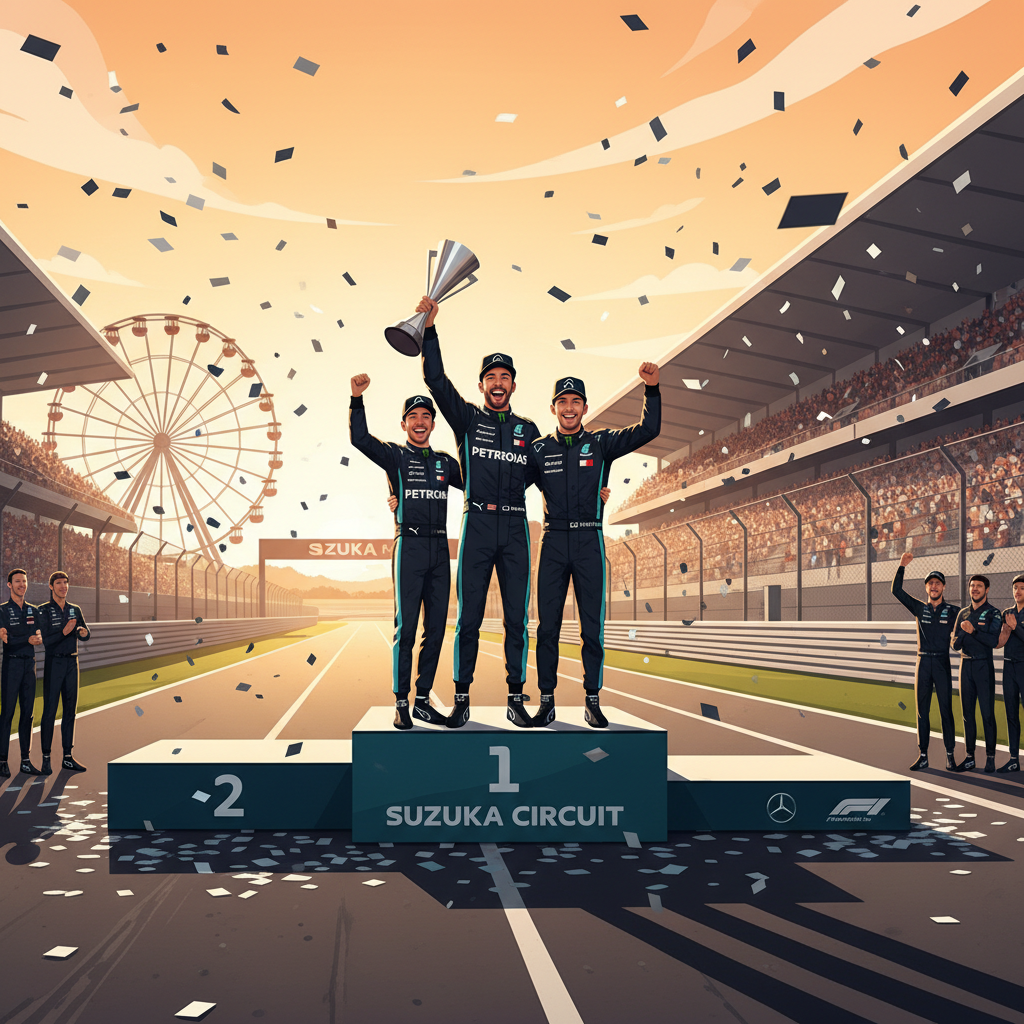 dramatic wide angle photo of F1 podium celebration at Suzuka Circuit, confetti falling, Mercedes team celebrating, golden hour sunlight, cinematic composition, photorealistic
