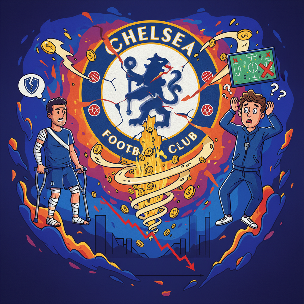 A distressed Chelsea football club logo, with the text 'FOOTBALL CLUB' clearly visible at the bottom, surrounded by broken pieces, symbolizing decline and struggle, with various negative factors like money flowing out, injured players, and a confused coach illustrated around it in a dynamic, slightly cartoonish but impactful style.