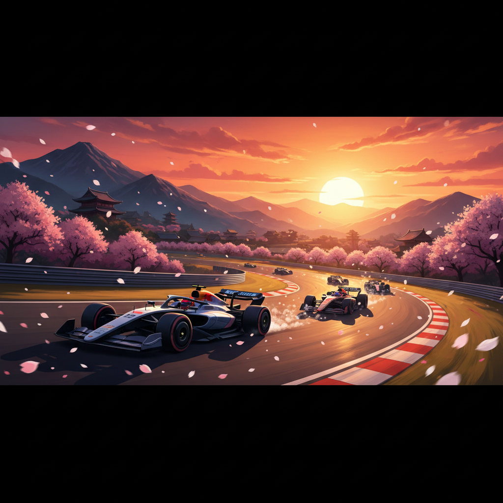 dramatic wide shot of F1 cars racing at Suzuka Circuit 130R corner during golden hour, cherry blossom petals floating in the air, motion blur on cars, cinematic composition with Japanese mountain backdrop, photorealistic digital art