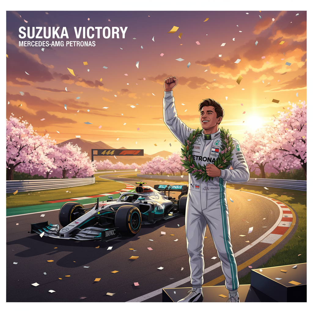 dramatic wide shot of a young F1 driver celebrating victory at Suzuka Circuit podium, confetti falling, Mercedes silver car in background, cherry blossoms, golden hour lighting, cinematic photorealistic digital art