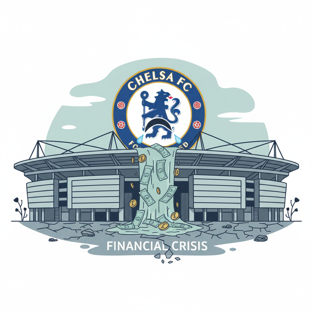 illustration of money flowing out of a football stadium, with a sad-looking Chelsea logo in the background, financial crisis concept