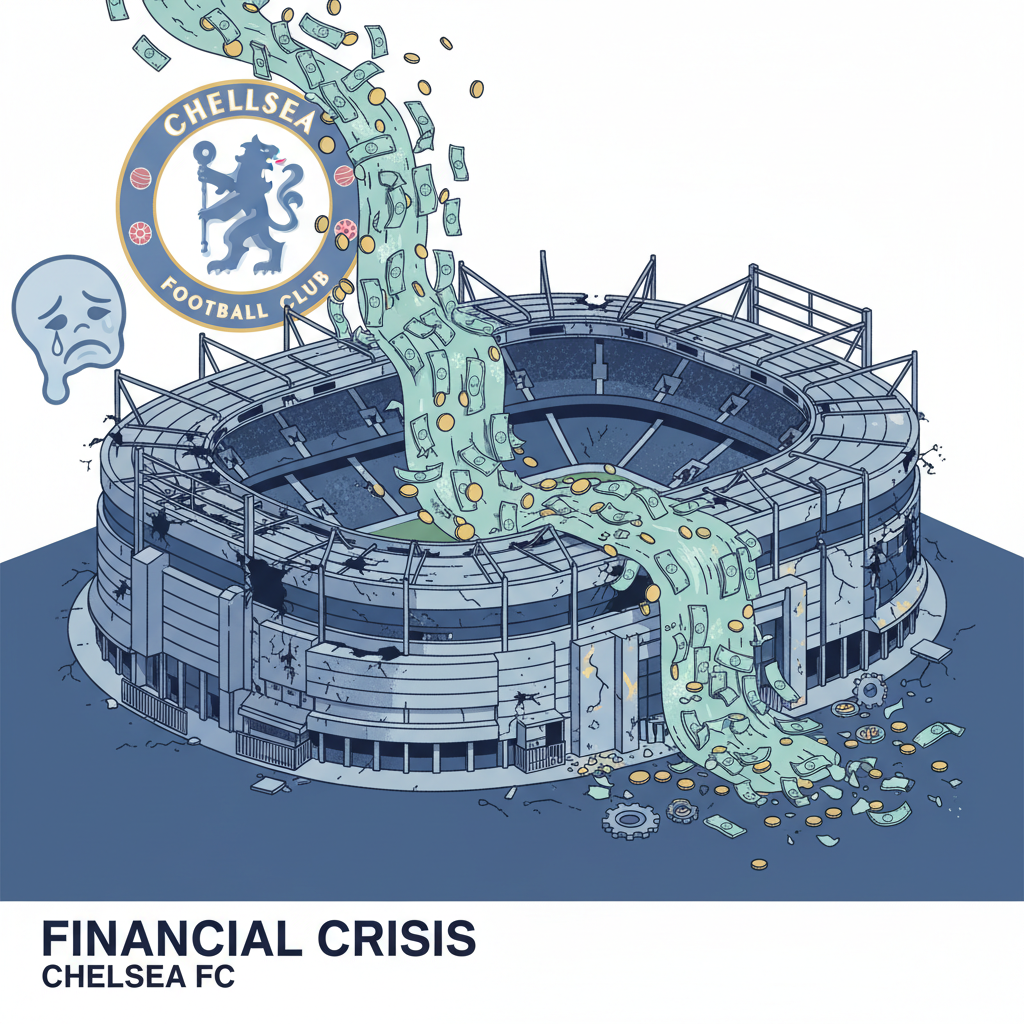illustration of money flowing out of a football stadium, with a sad-looking Chelsea logo in the background, financial crisis concept
