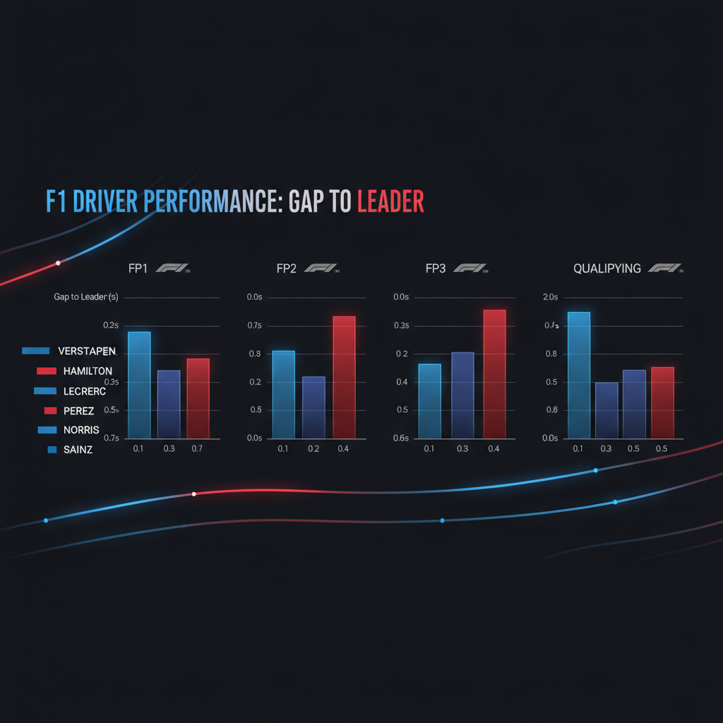 infographic comparing F1 driver performance across sessions FP1 FP2 FP3 Qualifying, with bar charts showing gap to leader, dark theme with red and blue accent colors, clean modern data visualization