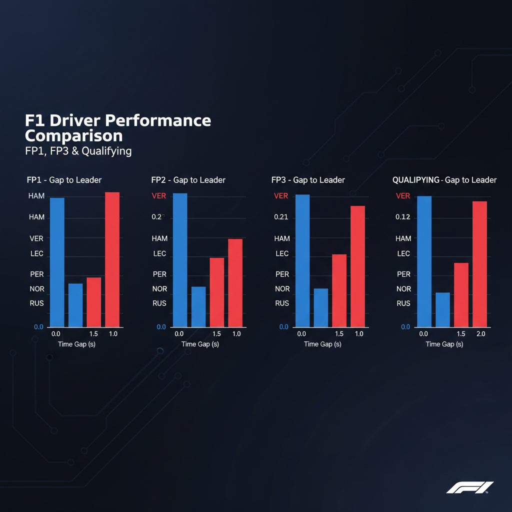 infographic comparing F1 driver performance across sessions FP1 FP2 FP3 Qualifying, with bar charts showing gap to leader, dark theme with red and blue accent colors, clean modern data visualization