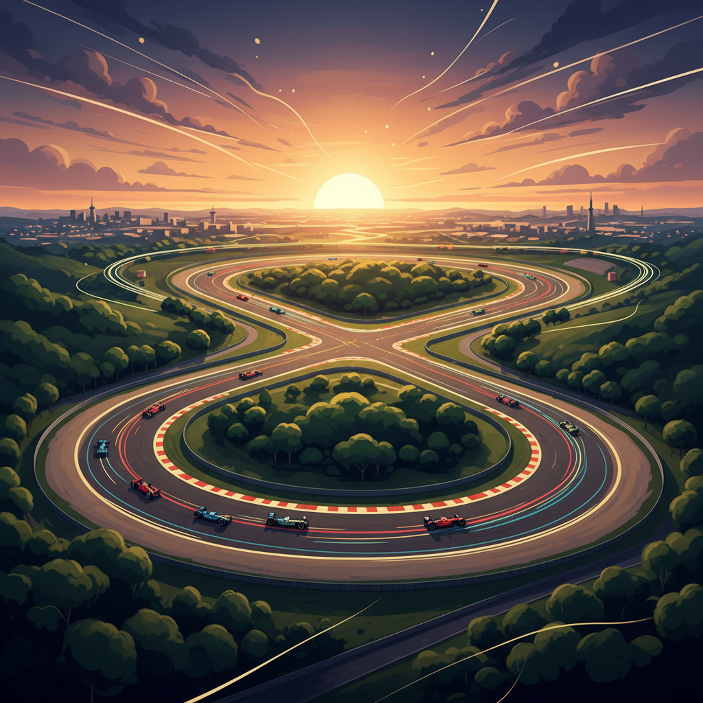 wide cinematic view of Suzuka Circuit figure-8 layout from above at sunset, with F1 cars on track leaving light trails, photorealistic digital painting with warm golden tones
