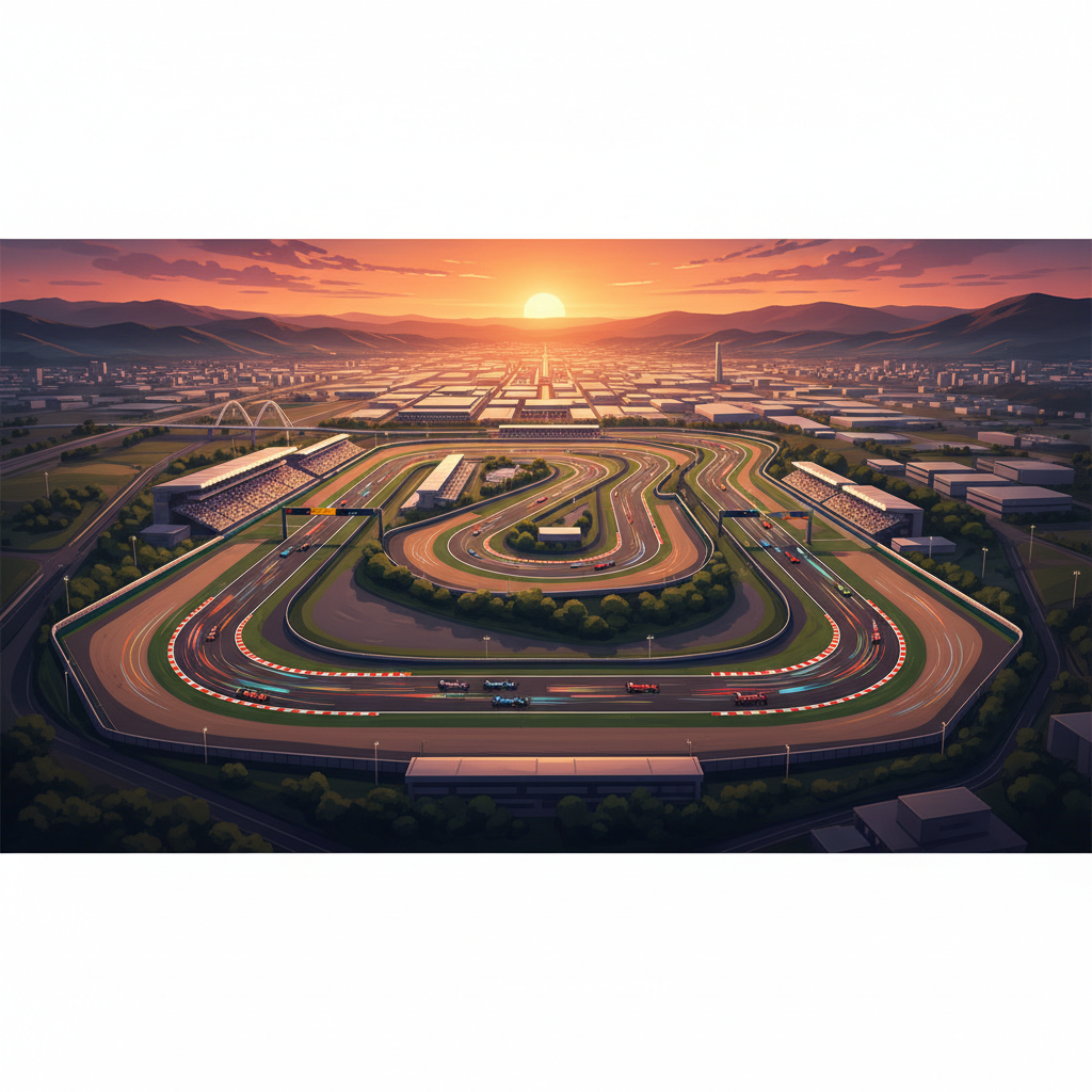 wide cinematic view of Suzuka Circuit figure-8 layout from above at sunset, with F1 cars on track leaving light trails, photorealistic digital painting with warm golden tones