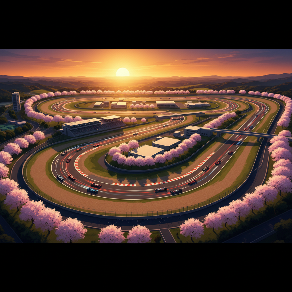 wide cinematic view of Suzuka Circuit figure-8 layout from above at sunset, with F1 cars on track leaving light trails, cherry blossom trees visible, photorealistic digital painting with warm golden tones