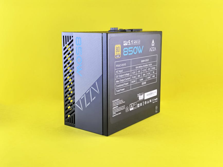 선명한 노란색 배경에 골드 인증을 받은 고효율 850W 전원 공급 장치입니다.