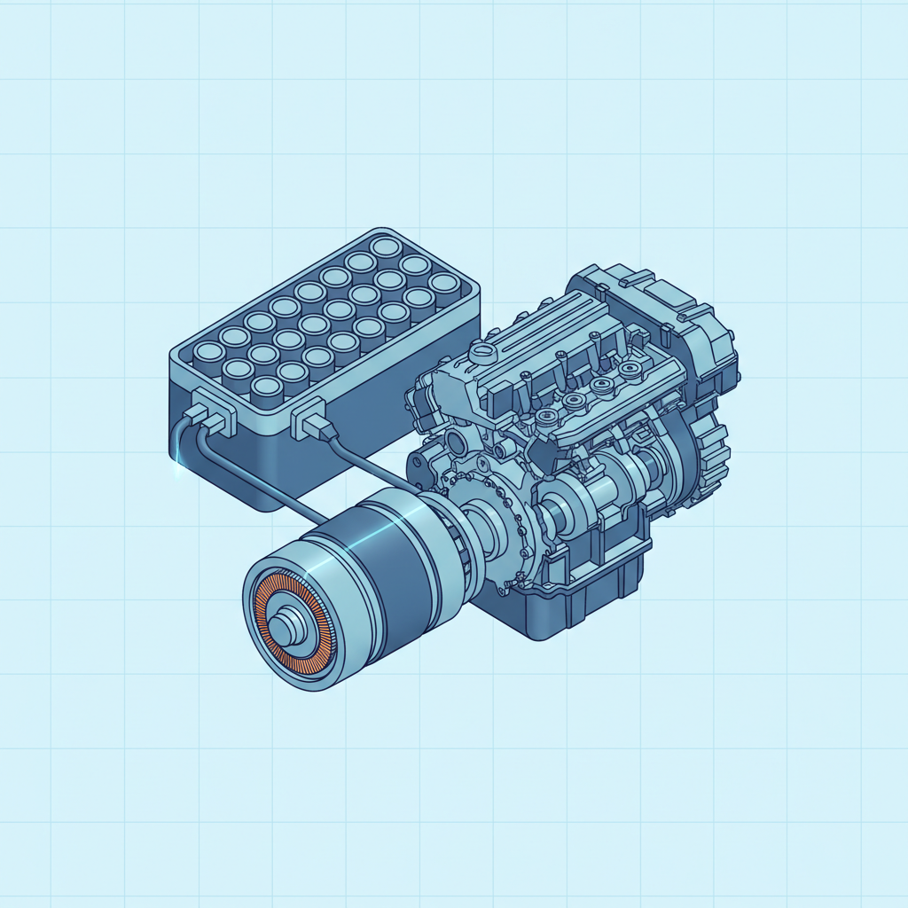 A clean isometric blueprint-style illustration of a Formula 1 hybrid power unit cutaway showing ICE engine, MGU-K motor, and battery pack, blue tones, technical drawing aesthetic, no text or labels