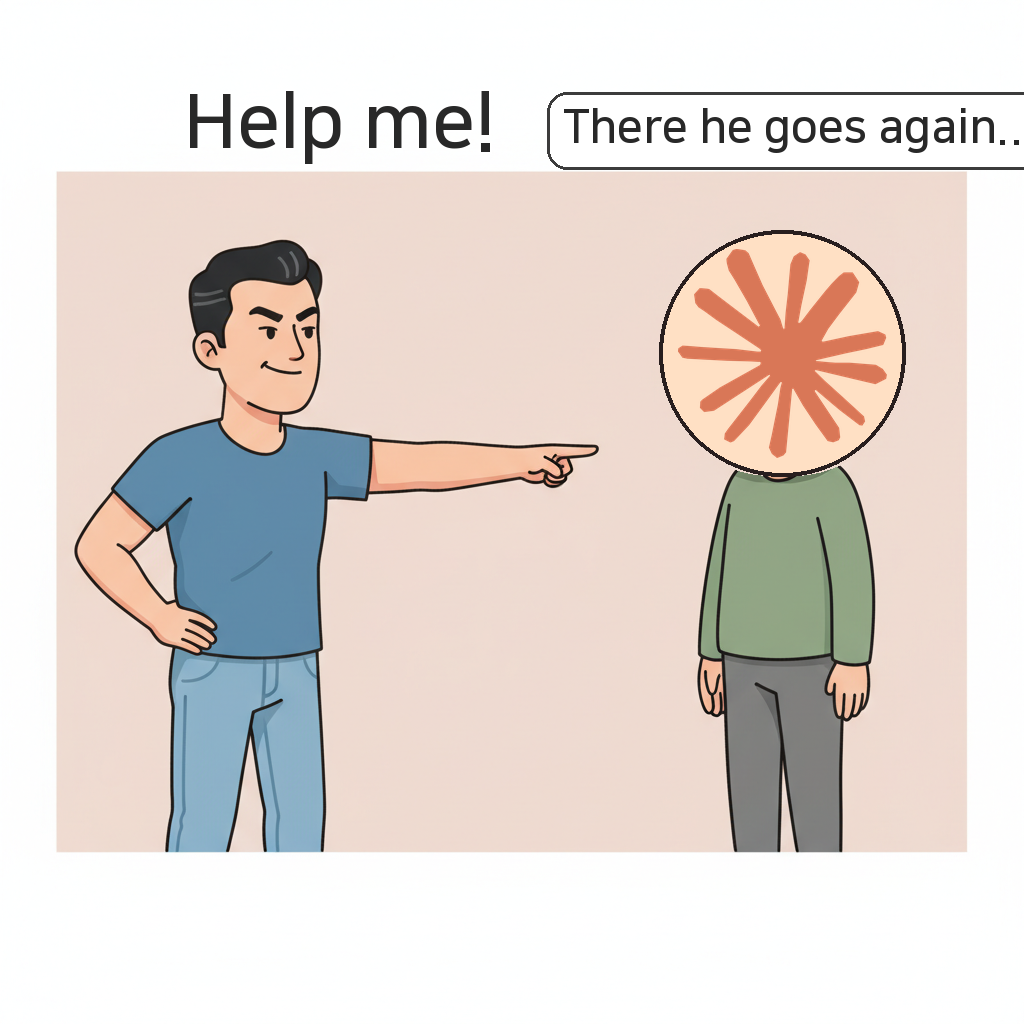 A man pointing demanding 'Help me!' while a deadpan Claude AI mascot thinks 'There he goes again...'
