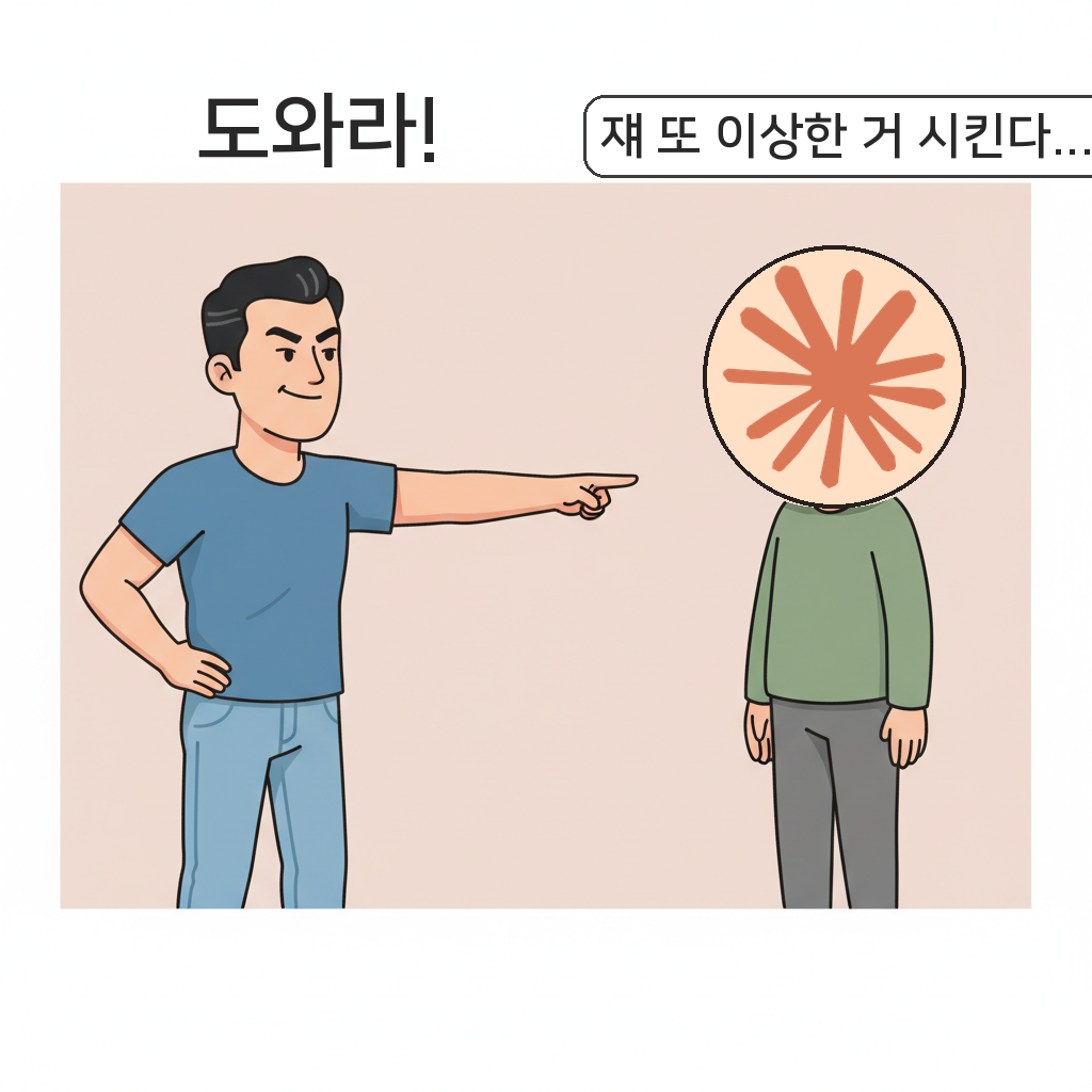 비개발자가 손가락질하며 '도와라!' 요구하는데 클로드는 무덤덤하게 '쟤 또 이상한 거 시킨다…' 생각하는 카툰